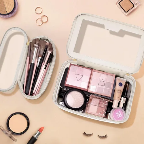 Miniatura 2 de Soimeat Bolsa de maquillaje transparente de viaje con bolsa para brochas de maquillaje, estuche de maquillaje de cuero, bolsa de cosméticos Blanco