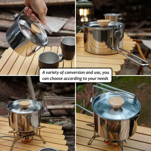 Miniatura 6 de Olla de camping de acero inoxidable con tapa y mango extraíble, hervidor de agua ligera para acampar al aire libre, fácil de limpiar, olla