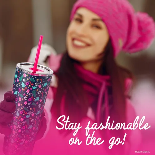 Miniatura 6 de Dragon Glassware x Barbie - Taza aislada de acero inoxidable de 24 oz con tapa y 2 popotes - Taza de viaje festiva para café con temática navideña