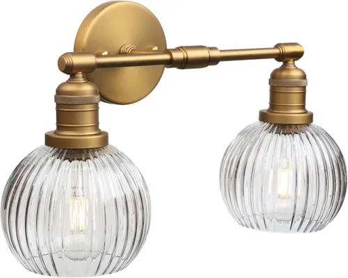 Miniatura 9 de Aplique industrial de pared de vidrio de doble brazo con pantalla de globo a rayas transparentes, lámpara de tocador de pared de 2 luces