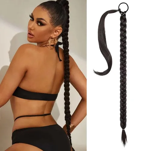 Miniatura 23 de SEIKEA - Extensión de cola de caballo trenzada larga mejorada con banda elástica lisa y mechón trenzado envolvente, color negro, 20 pulgadas