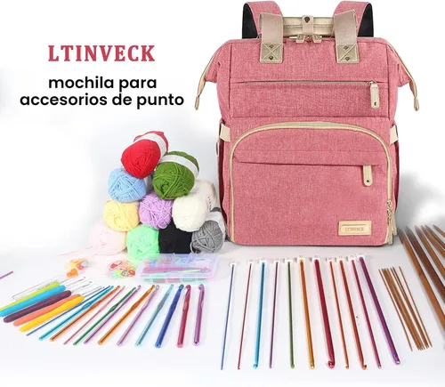 Miniatura 3 de LTINVECK Mochila para tejer, organizador de almacenamiento de hilo, bolsa de ganchillo de viaje, bolsa de gran capacidad, estuche para llevar Rosa