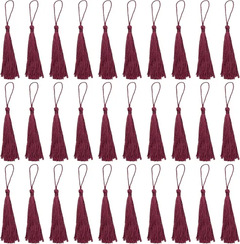 Miniatura 38 de VAPKER 30 borlas negras de 5.1 in/5 pulgadas, sedosas, hechas a mano, suaves, con lazo de cordón de 2 pulgadas para hacer joyas, proyectos