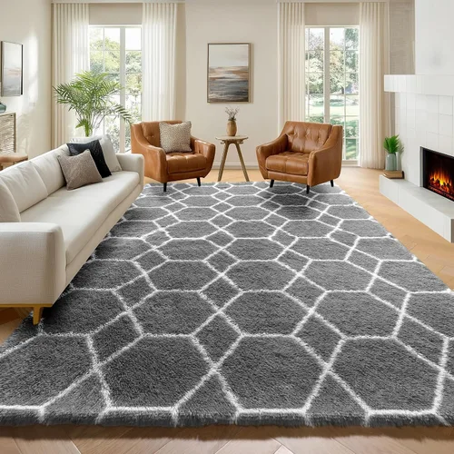 Miniatura 17 de ONASAR Alfombras de área para sala de estar y dormitorio, alfombra esponjosa lavable de 5x8 pies gris y blanca, alfombra de piso suave, afelpada