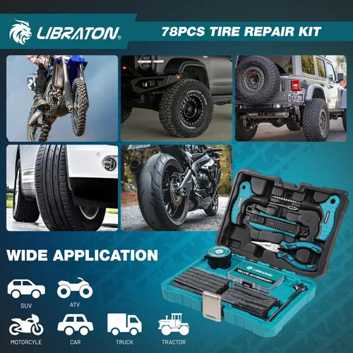 Miniatura 7 de Kit de reparación de neumáticos Libraton, kit de 78 piezas de tapones para neumáticos, herramientas profesionales resistentes para arreglar
