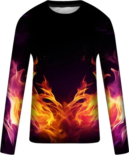 Miniatura 4 de Flame Graphic T-Shirt Tees Mens Long Sleeve Workout Tops Slim Fit Lightweight Round-Neck Pullover Tunic Hip Hop Tee
