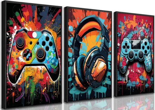 Miniatura 10 de 3 piezas de arte de pared para juegos geniales, pósters de acuarela de videojuegos retro, cuadros coloridos de mando de neón, impresiones de pintura