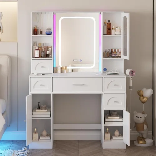 Miniatura 7 de Fameill Tocador Blanco con Espejo, Tocador de Maquillaje con Luces RGB y Regleta de Enchufes, Mesa Tocador de Maquillaje con 5 Cajones Mucho