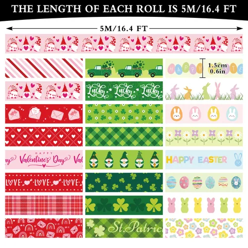 Miniatura 2 de Whaline Juego de 24 Rollos de Cinta Washi para Fiestas, Día de San Valentín, Cinta de Enmascarar de Corazones Rojos de Amor, Día de San Patricio