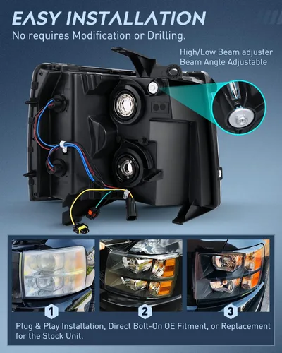 Miniatura 7 de Nilight Conjunto de faros para 2007 2008 2009 2010 2011 2012 2013 Silverado 1500 2007-2014 Silverado 2500HD 3500HD Faros de repuesto Carcasa negra