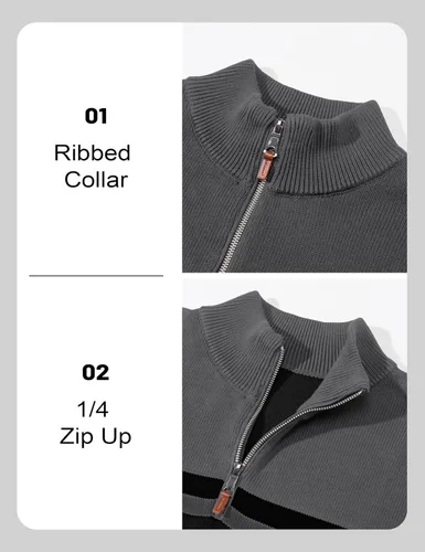 Miniatura 53 de MAGCOMSEN Suéteres de algodón con cremallera de 1/4 para hombre, suéter tipo polo, a rayas, para otoño e invierno, sudaderas cálidas