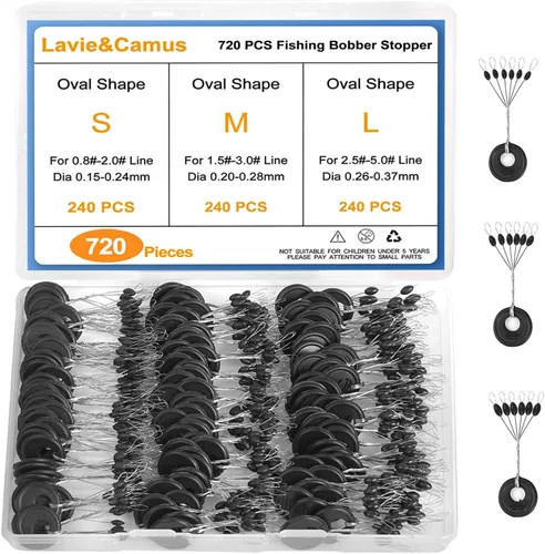 Lavie&Camus 720 unidades de tapones para flotadores de pesca, flotadores ovalados, tapones y plomos 6 en 1, tapones de goma negros para flotadores,