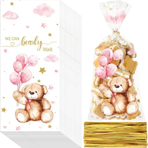 Maitys 100 bolsas de celofán de oso para baby shower, bolsas de plástico para dulces con 100 lazos dorados, bolsas de regalo para revelación de Rosa