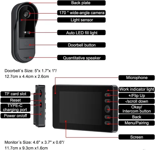 Miniatura 8 de TKMARS Timbre de puerta inalámbrico sin suscripción, portero bidireccional, IPX65 impermeable, pantalla de 4.3 pulgadas, ángulo de visión de 170°