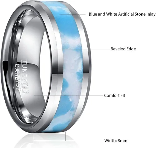 Miniatura 5 de MEILING LINGMEI Mens Tungsten Rings 8mm Blue and White Artificial Stone Inlay Wedding Bands Comfort Fit Size 7-12