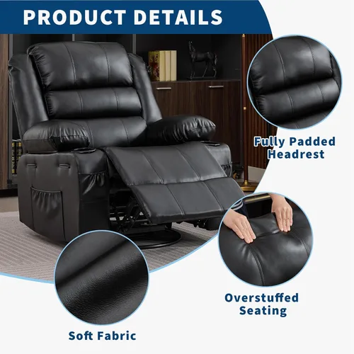 Miniatura 7 de Silla reclinable mecedora para adultos, giratoria de 360°, con portavasos y asiento profundo tapizado, de piel sintética, cómodo sofá individual