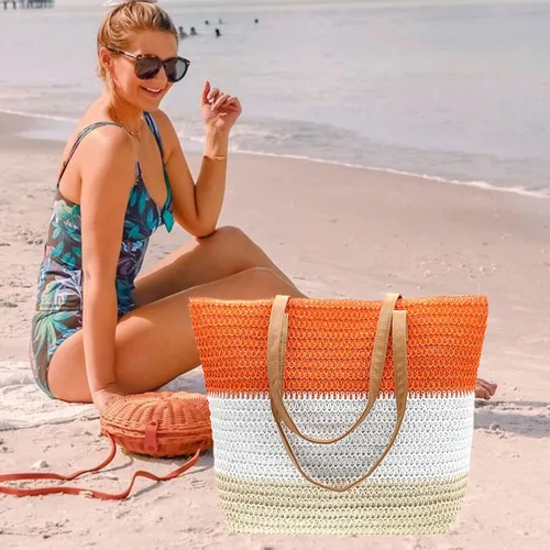 Miniatura 50 de Bolso grande de paja para mujer, tejido de ratán, bolso de playa de verano, a rayas