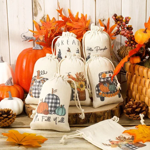 Miniatura 4 de Whaline 24 bolsas de arpillera de otoño de 4 x 6 pulgadas, gnomos a cuadros de búfalo, bolsas de calabaza con etiqueta de papel kraft de hoja