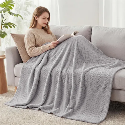 Miniatura 7 de Exclusivo Mezcla Manta King para cama, acogedora manta ligera de vellón con textura ondulada decorativa adecuada para invierno, gris claro, 90 x 104