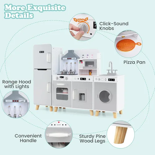 Miniatura 6 de HONEY JOY Juego de cocina para niños, 3 piezas, modular de madera de esquina, juego de cocina, refrigerador/lavadora y fregadero, campana extractora
