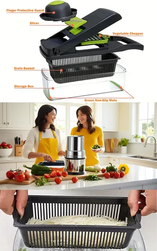 Miniatura 5 de Picadora de verduras y espiralizador profesional 16 en 1 – Picadora de alimentos de varias cuchillas con recipiente, picadora de cebolla, cortador