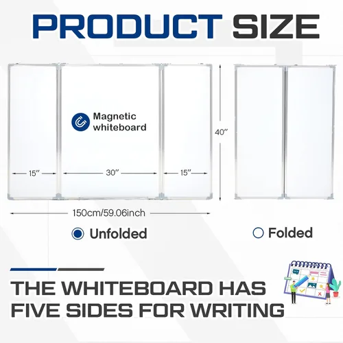 Miniatura 2 de AmazingSpark Pizarra blanca plegable de 48 x 18 pulgadas, pizarra blanca plegable grande, triple pizarra magnética de borrado en seco, marco