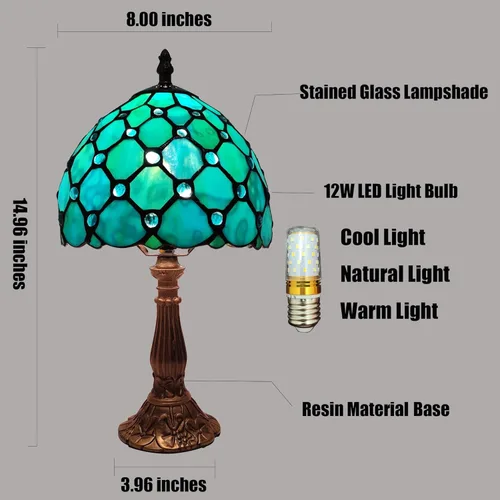 Miniatura 5 de Lámpara de mesa pequeña Tiffany de 8 pulgadas, estilo Tiffany, lámpara de escritorio, vitral, luz antigua, lámpara de noche para dormitorio