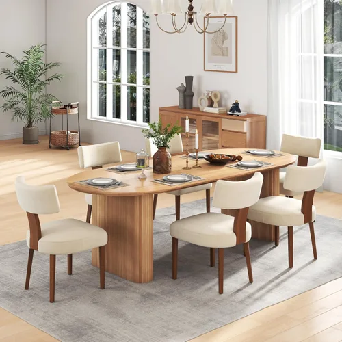 Miniatura 14 de Juego de mesa de comedor ovalada extensible de 59 a 90 pulgadas con 4 sillas de comedor con respaldo en T para 4 personas, moderna mesa de comedor