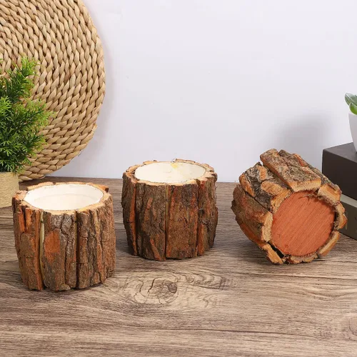 Miniatura 7 de Housoutil Jarrón de madera para centros de mesa, paquete de 3 macetas rústicas de tocón de árbol, cubo de flores de corteza de madera para bodas