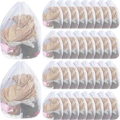 40 bolsas de malla para lavandería a granel con cordón de 20 x 24 pulgadas, bolsa de malla blanca resistente lavable a máquina, resistente bolsa de