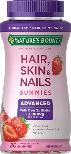 Nature's Bounty Optimal Solutions Advanced Hair, Skin Nails, 2X Biotina, 80 gomitas de fresa, 40 porciones en total