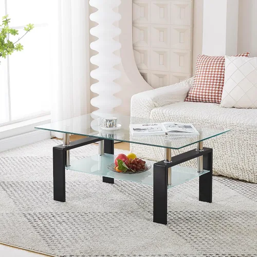 Miniatura 5 de Mesa de centro moderna de vidrio templado transparente, mesa auxiliar rectangular de 2 niveles con estante de almacenamiento inferior, patas de Negro