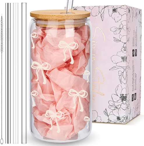 Miniatura 10 de BIPEDS Coquette Tazas de vidrio lindas con moño rosa y tapas y pajitas, taza de café helado estética, taza de diseño preppy femenino, regalos