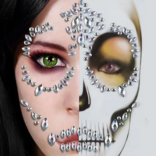 Kit de tatuaje temporal del Día de los Muertos, gemas de cara de calavera, tatuajes, diamantes de imitación para hombres, mujeres, niños, Halloween,