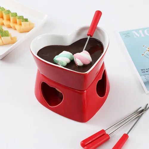 Miniatura 2 de Sizikato Juego de fondue de chocolate de porcelana roja en forma de corazón, 10 onzas