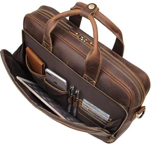 Augus Bolso bandolera de cuero para hombre mochila de viaje vintage de 17 pulgadas maletín para portátil