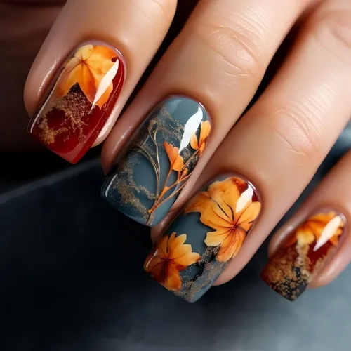 Miniatura 21 de Uñas postizas a presión de otoño, uñas postizas cortas cuadradas de MABKJLF con diseños de hojas de arce, pegamento brillante en uñas, uñas