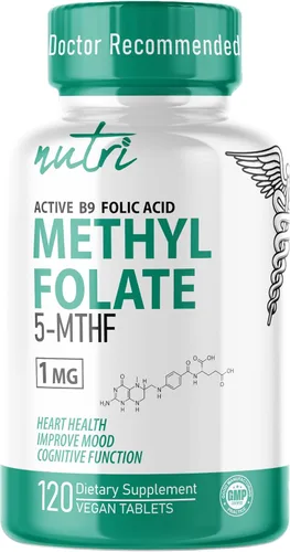 Nutri 5-MTHF L Metilfolato 1MG - Suministro para 4 meses, 120 tabletas veganas - Suplemento de folato metilado - Función cognitiva, salud cardíaca,