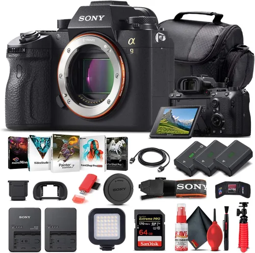 Sony Cámara digital sin espejo Alpha a9 (solo cuerpo) (ILCE9/B) + tarjeta de memoria de 64 GB + 2 baterías NP-FZ-100 + software de foto Corel +