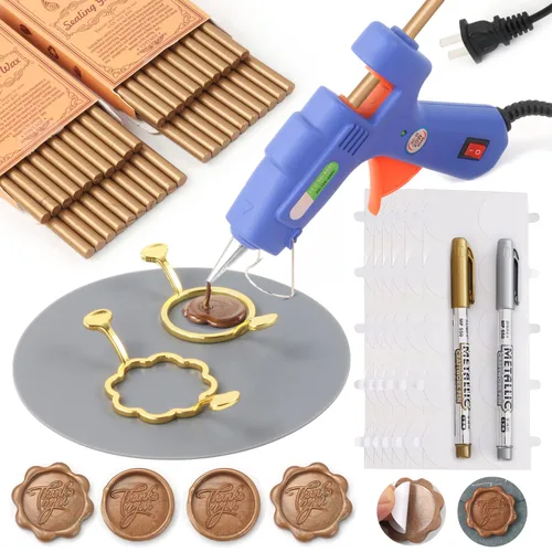 Juego de sellos de cera, 40 varillas de cera de sellado de bronce con pistola de pegamento, moldes de sellado de cera, alfombrilla de silicona,