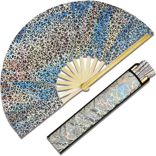 Ventilador de mano plegable de bambú holográfico con funda para hombresmujeres, ventilador de mano para EDM, festival de música, club, extraño,