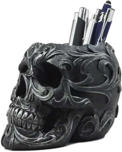 Miniatura 4 de Ebros Gift Tatuaje tribal floral cráneo titular de la pluma figurita 5.75 pulgadas de largo escritorio de oficina Osario Calaveras Decoración Cráneo