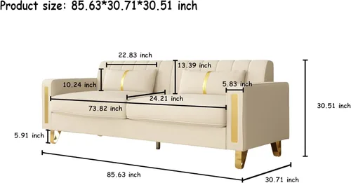 Miniatura 2 de Sofá de dos plazas para sala de estar, sofá de terciopelo beige de 86 pulgadas con 2 almohadas y patas de metal dorado, sofá tapizado moderno sofá