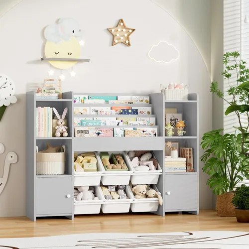 Miniatura 8 de FINETONES Organizador de almacenamiento de juguetes con 6 cubos de juguetes, organizador de juguetes para niños con 6 cubículos, organizadores