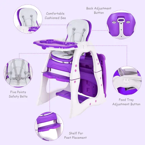 Miniatura 3 de Costzon Silla alta para bebé, juego de mesa y silla infantil 3 en 1, asiento elevador convertible con bandeja de alimentación ajustable de 3 Púrpura