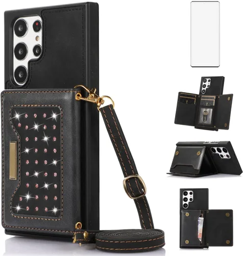 Asuwish Funda de teléfono para Samsung Galaxy S22 Ultra 5G Funda tipo cartera con protector de pantalla y soporte para tarjetero, soporte de ranura