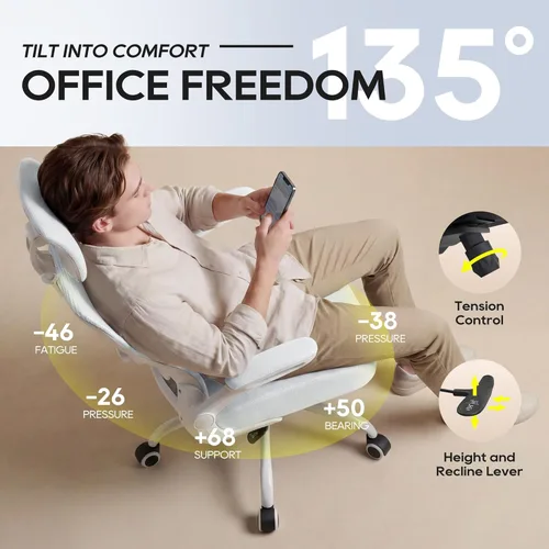 Miniatura 3 de Silla de oficina, silla de escritorio ergonómica de malla con soporte lumbar ajustable y reposacabezas, reposabrazos abatibles, silla de trabajo