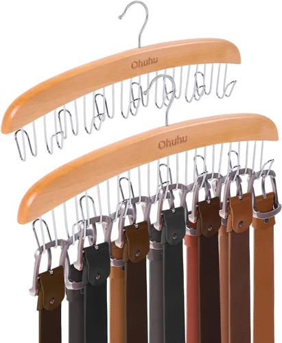 Miniatura 12 de Organizador de colgadores para cinturón para clóset: Ohuhu con 12 ganchos, máximo 36 cinturones, colgador de corbatas, soporte de cinturón de Nogal