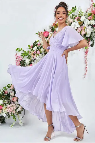 Miniatura 3 de High Low Bridesmaid Dresses 2023 V Neck Flutter Sleeves Formal Party Dress with Pockets