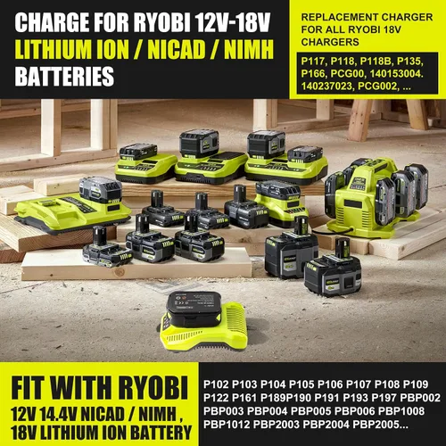 Miniatura 2 de 【Actualización】 Cargador de repuesto para cargador Ryobi de 18 V P117 compatible con Ryobi 12V-18V One+ batería de litio NiCad NiMh P102 P108 P189
